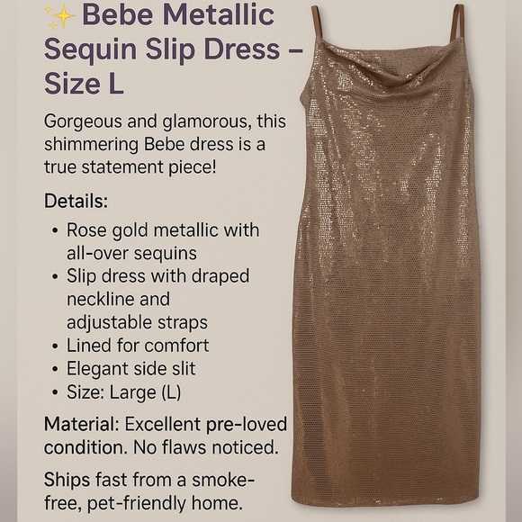 ✨ Bebe Metallic Sequin Slip Dress – Size L ✨ Rose Gold| New Without Tags - Picture 3 of 12